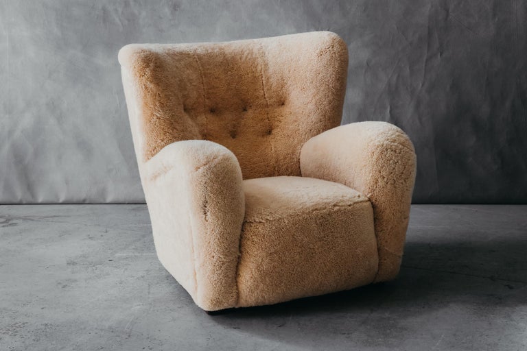 Large Vintage Sheepskin Cabinetmaker Chair from Denmark circa 1950 For