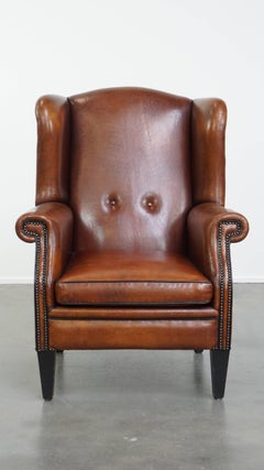 Vintage Sheepskin Leather Wingback Chair, Hand-Crafted, Fair Condition