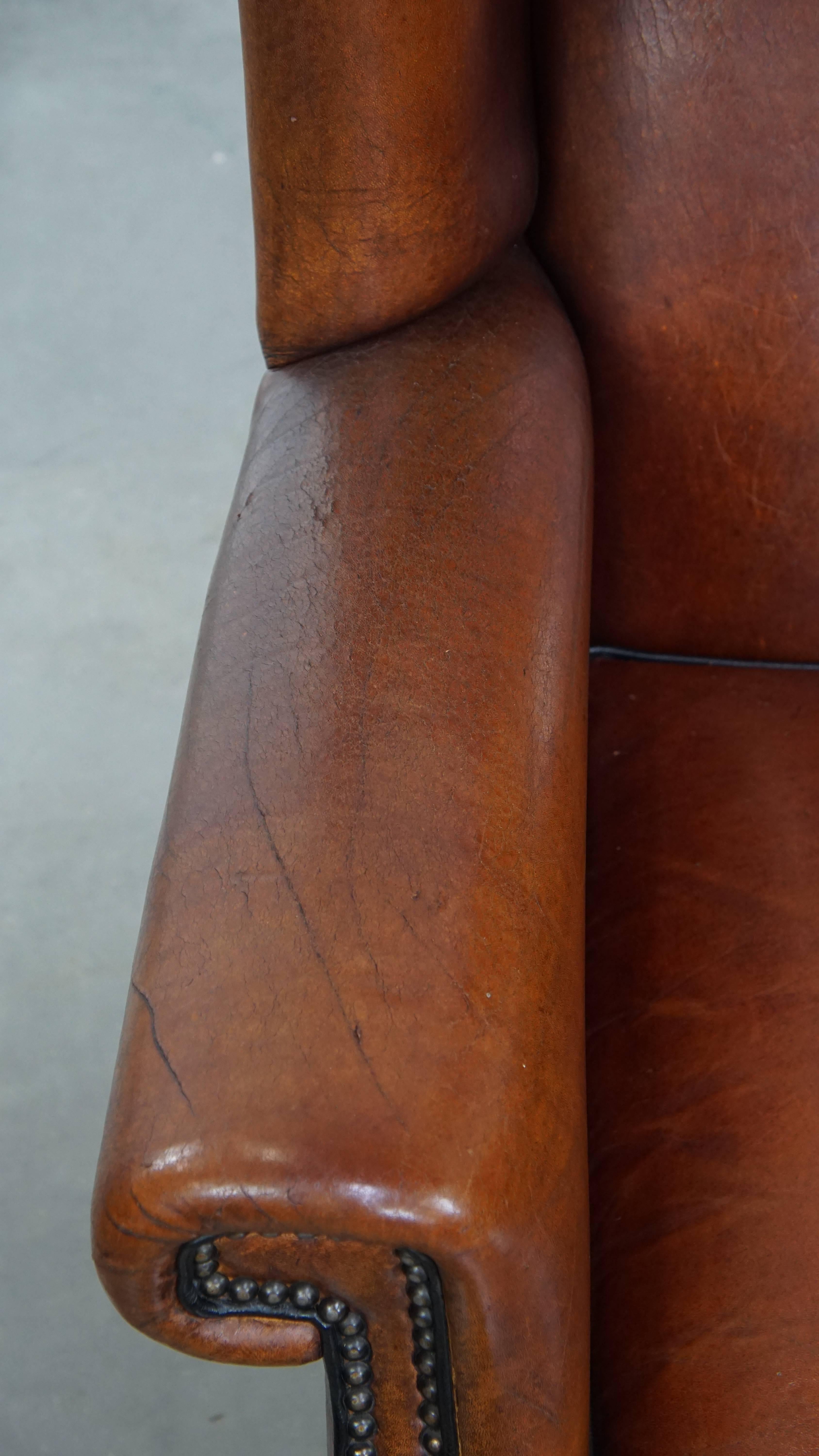 Pelle Grande sedia Wingback in pelle di pecora d'epoca in vendita