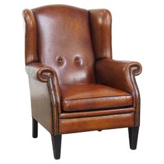 Large Vintage Sheepskin Leather Wingback Chair