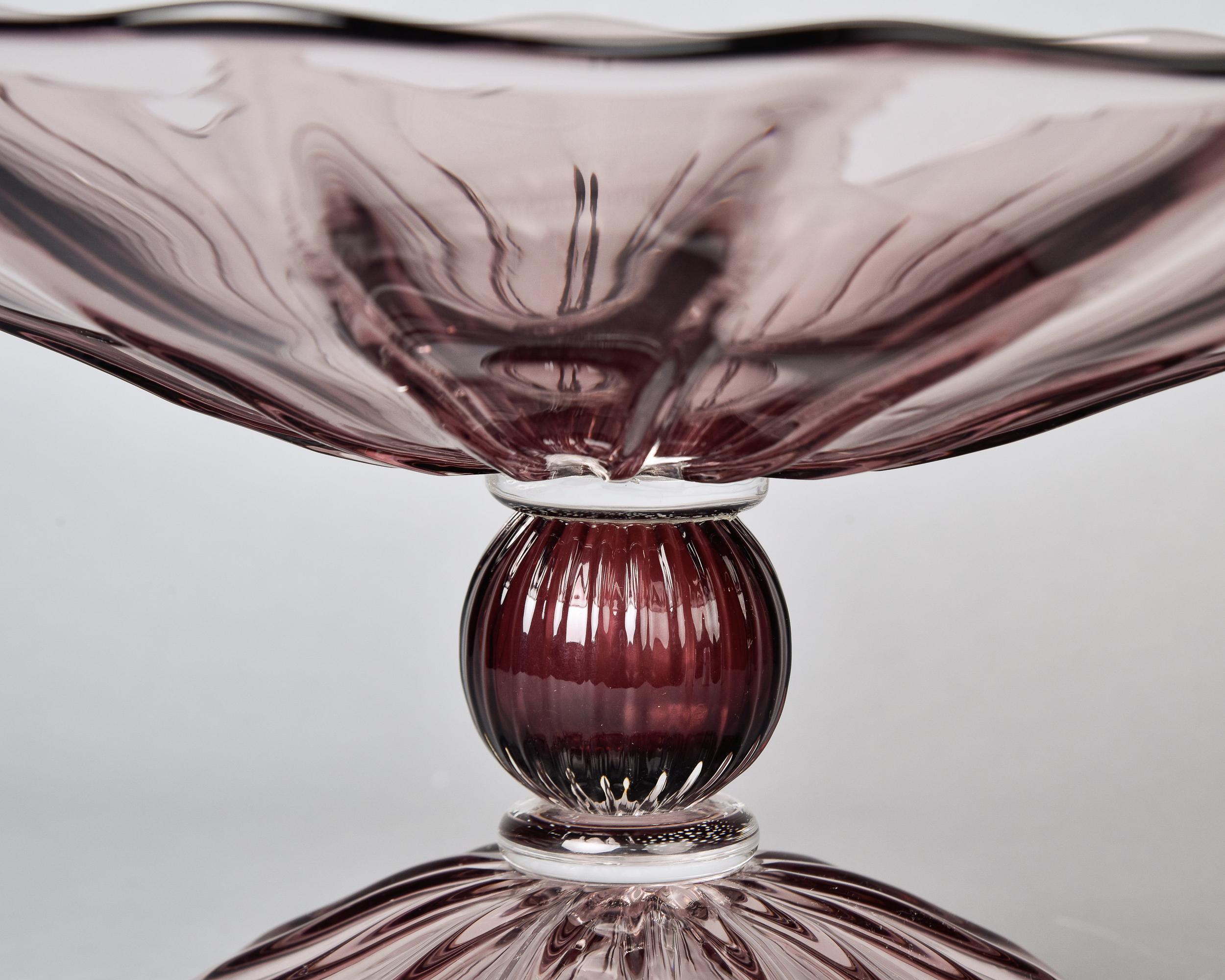 Grande Tazza o ciotola con piedistallo in vetro ametista pallido vintage firmata Roberto Cavalli 6