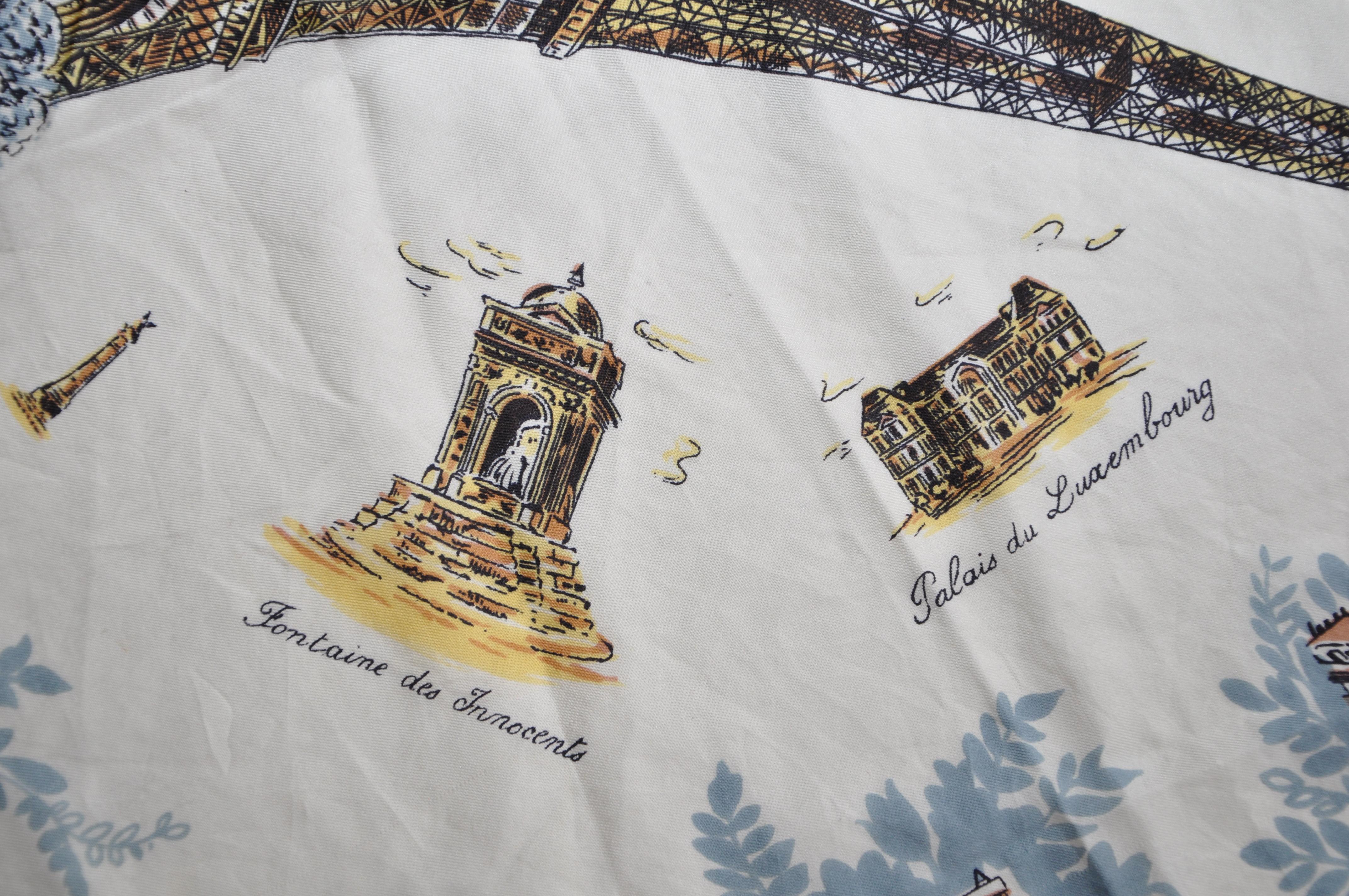 Rococo Large Vintage Silk Scarf Pale Blue Gold Eiffel Tower Paris For Sale