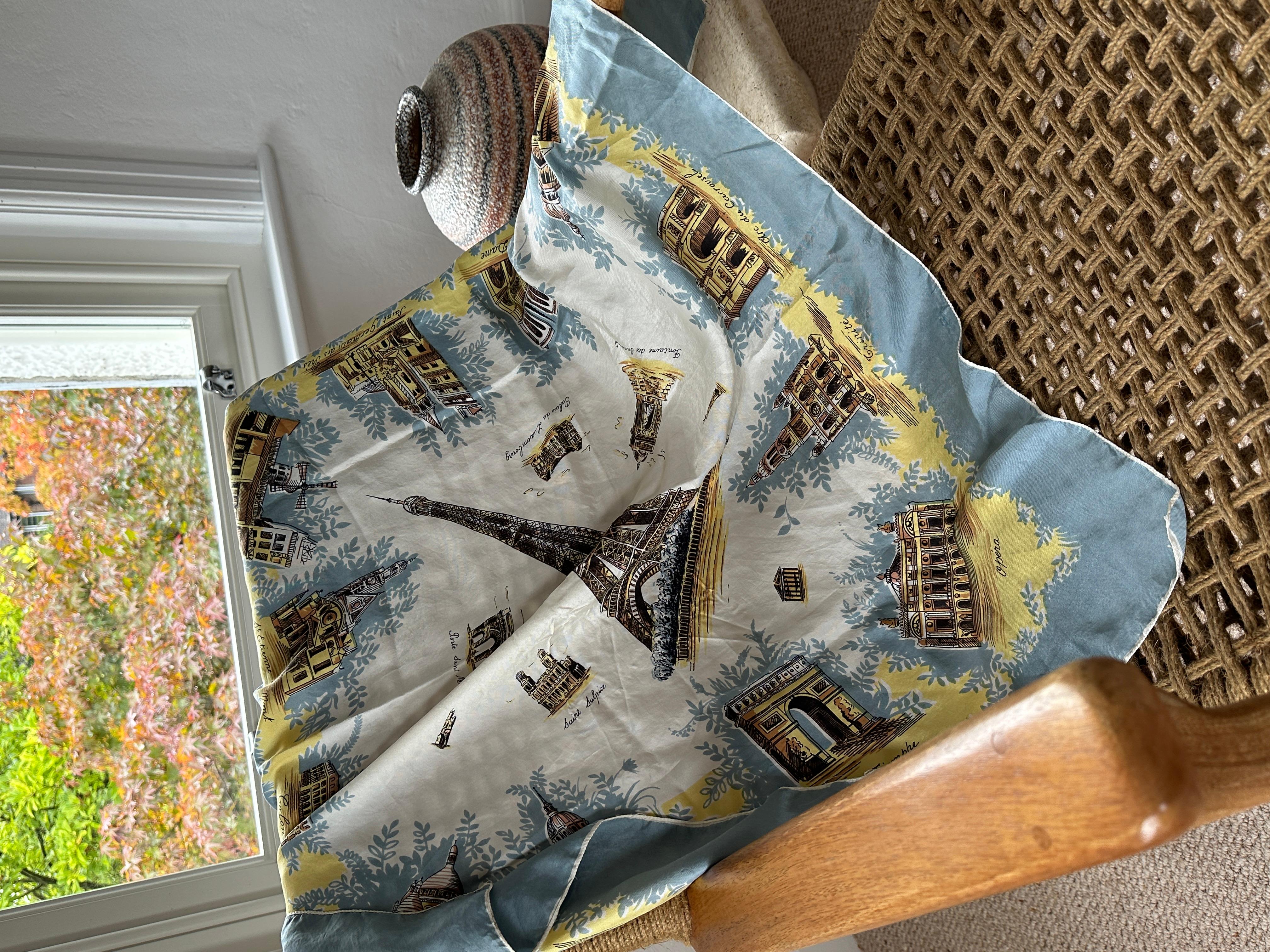 Large Vintage Silk Scarf Pale Blue Gold Eiffel Tower Paris In Good Condition For Sale In Belfast, Northern Ireland