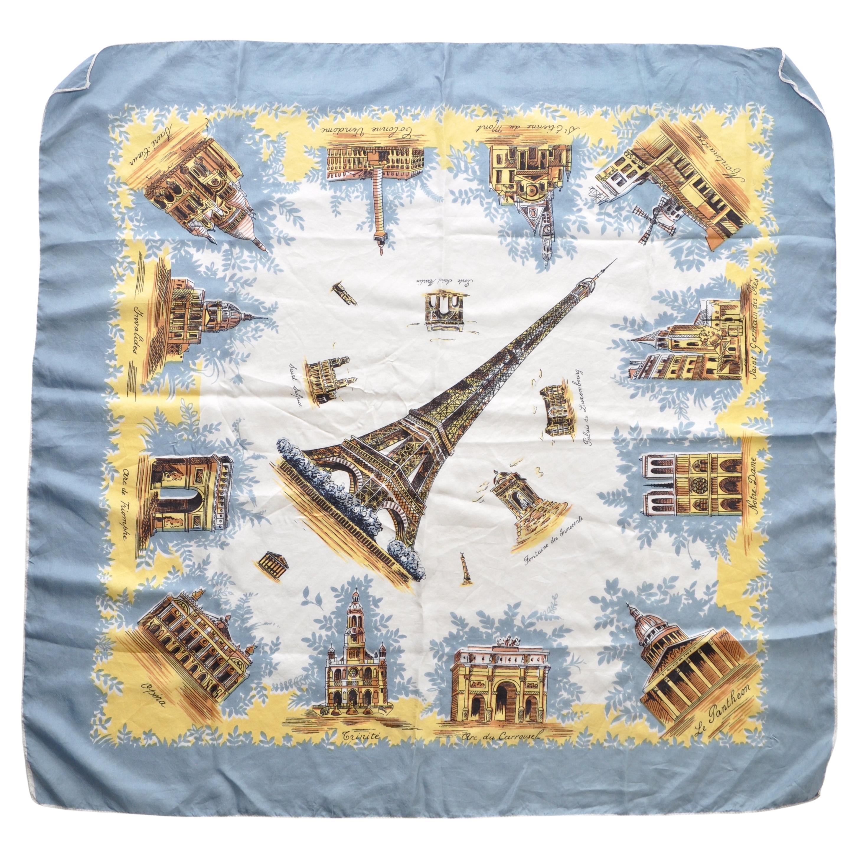 Large Vintage Silk Scarf Pale Blue Gold Eiffel Tower Paris For Sale