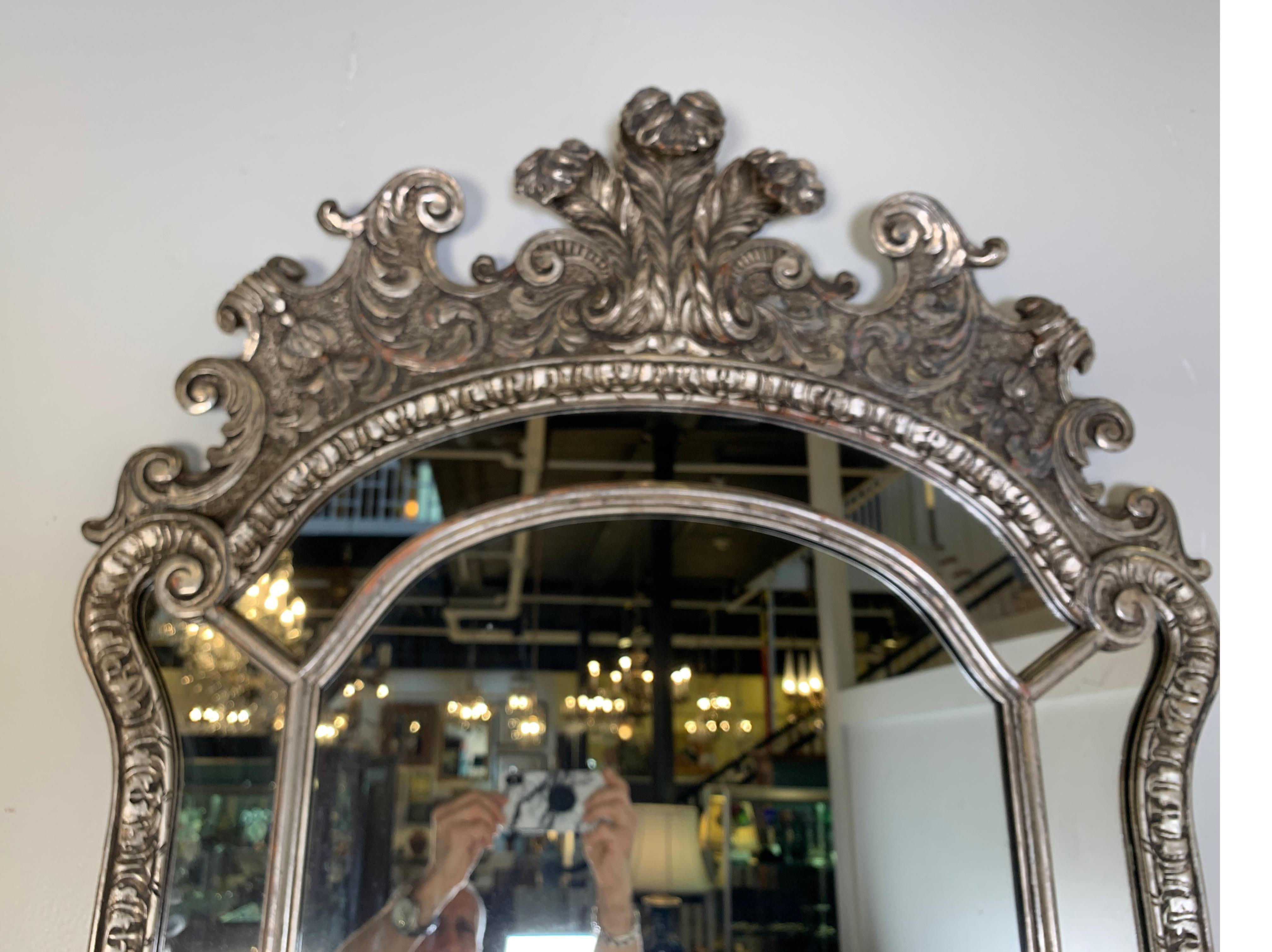 European Large Vintage Silver Gilt Carved Venetian Style Wood Mirror
