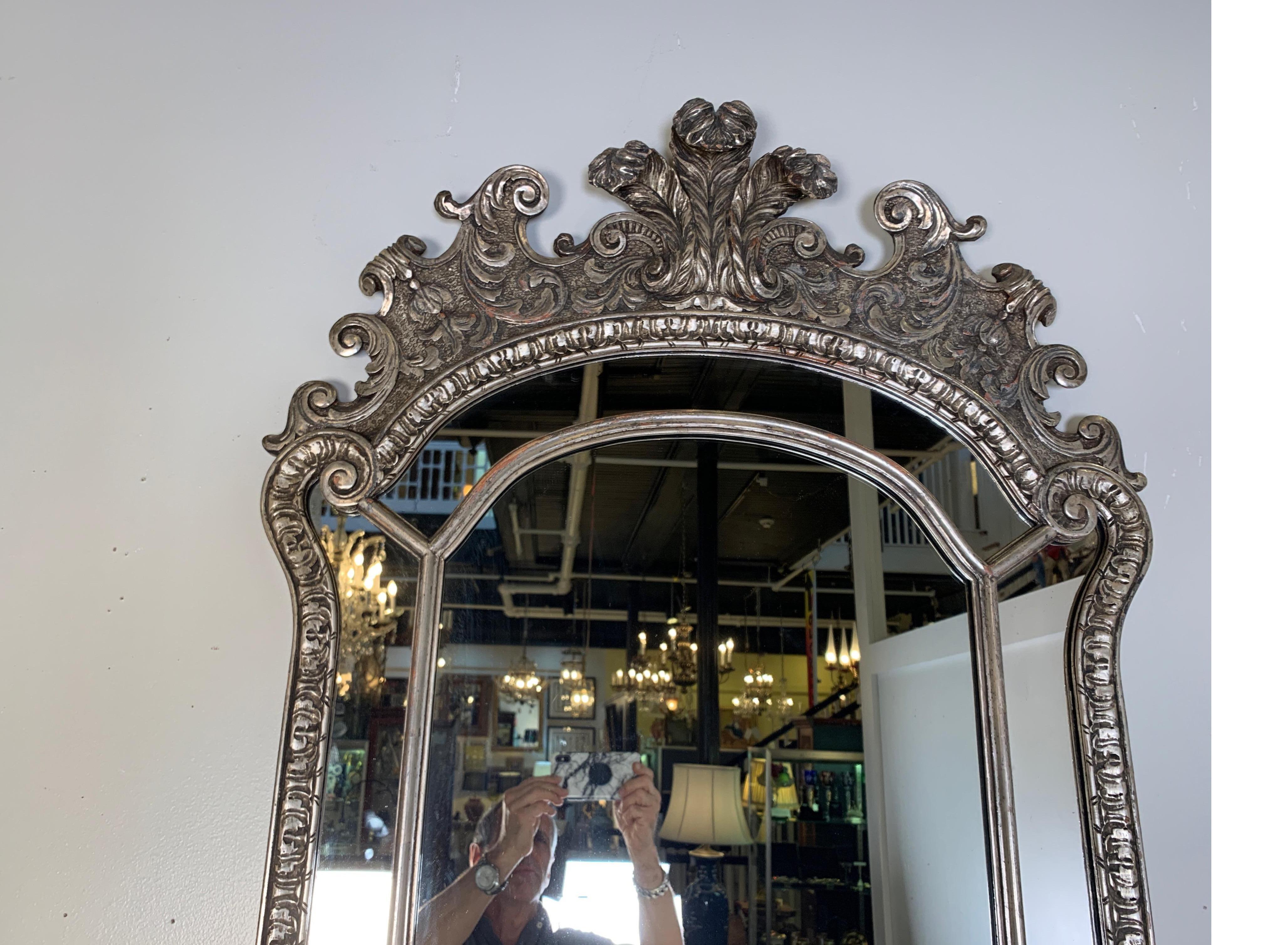 Large Vintage Silver Gilt Carved Venetian Style Wood Mirror In Good Condition In Lambertville, NJ