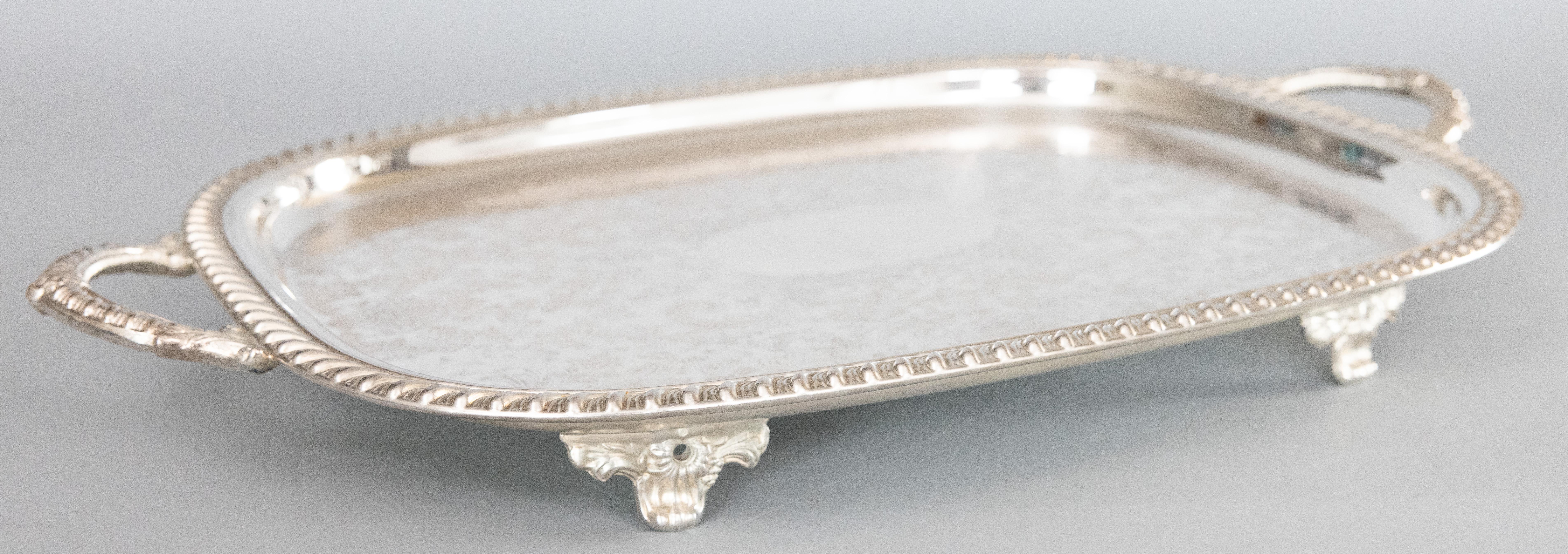 American Large Vintage Silver Plate Footed Tray With Handles, circa 1950 For Sale
