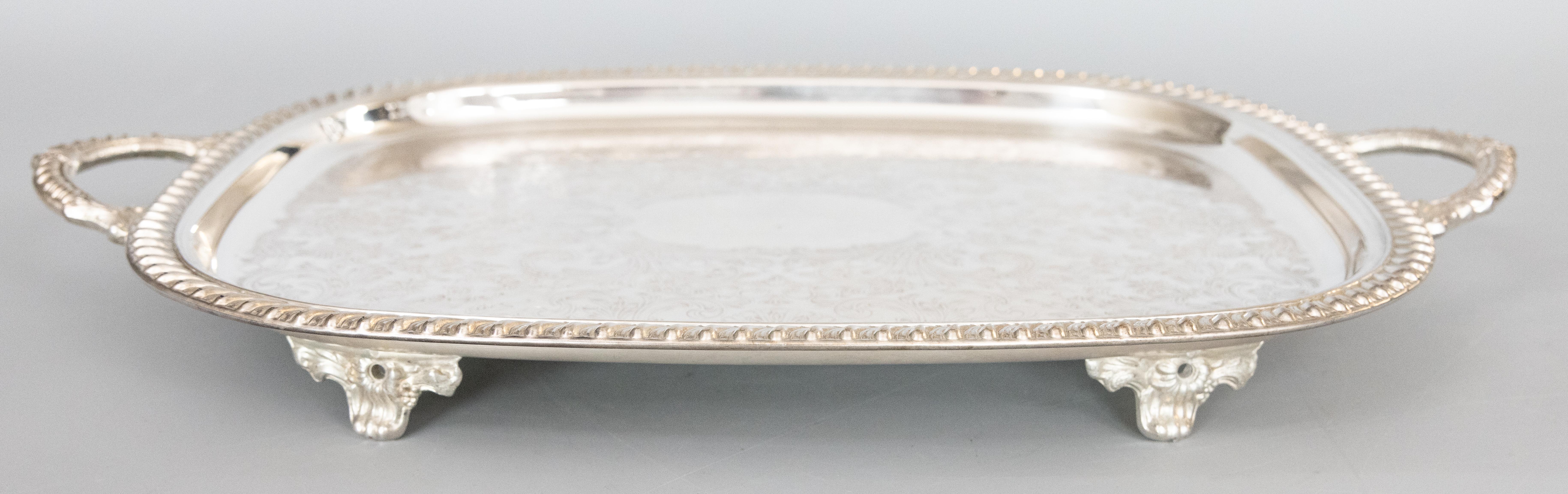 Large Vintage Silver Plate Footed Tray With Handles, circa 1950 For Sale 1