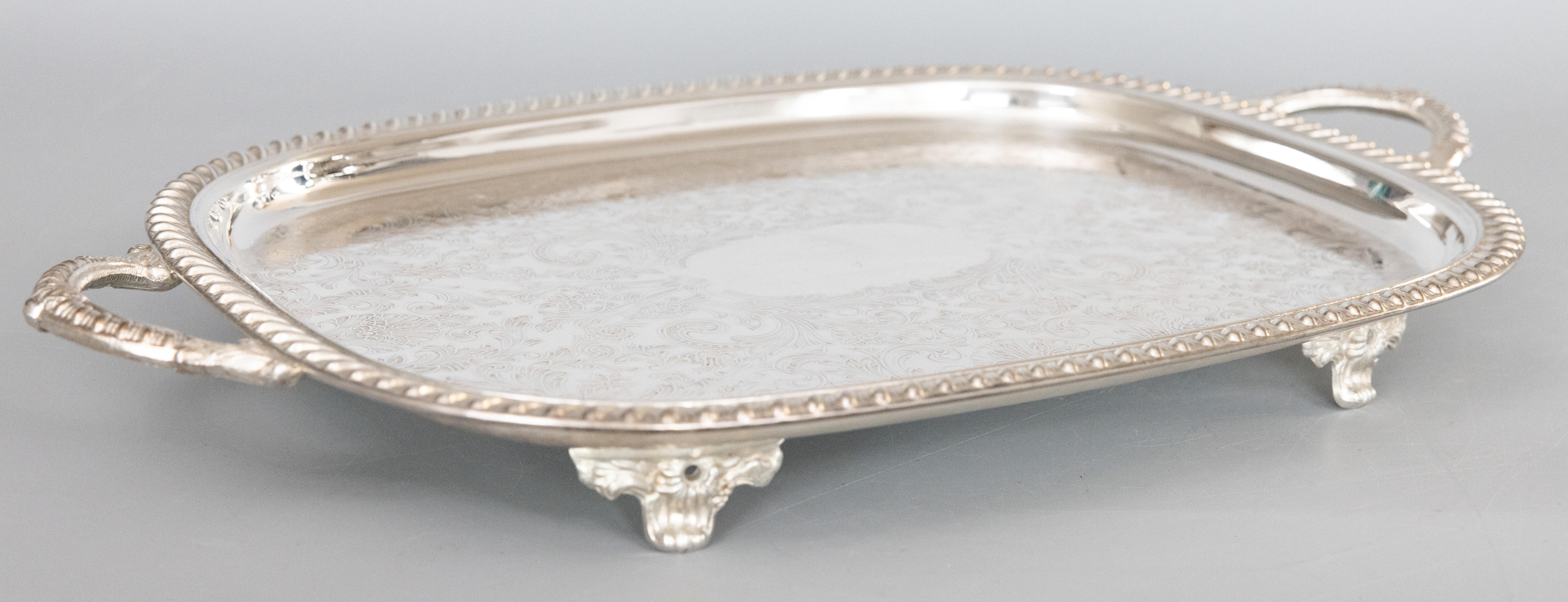 Large Vintage Silver Plate Footed Tray With Handles, circa 1950 For Sale 2