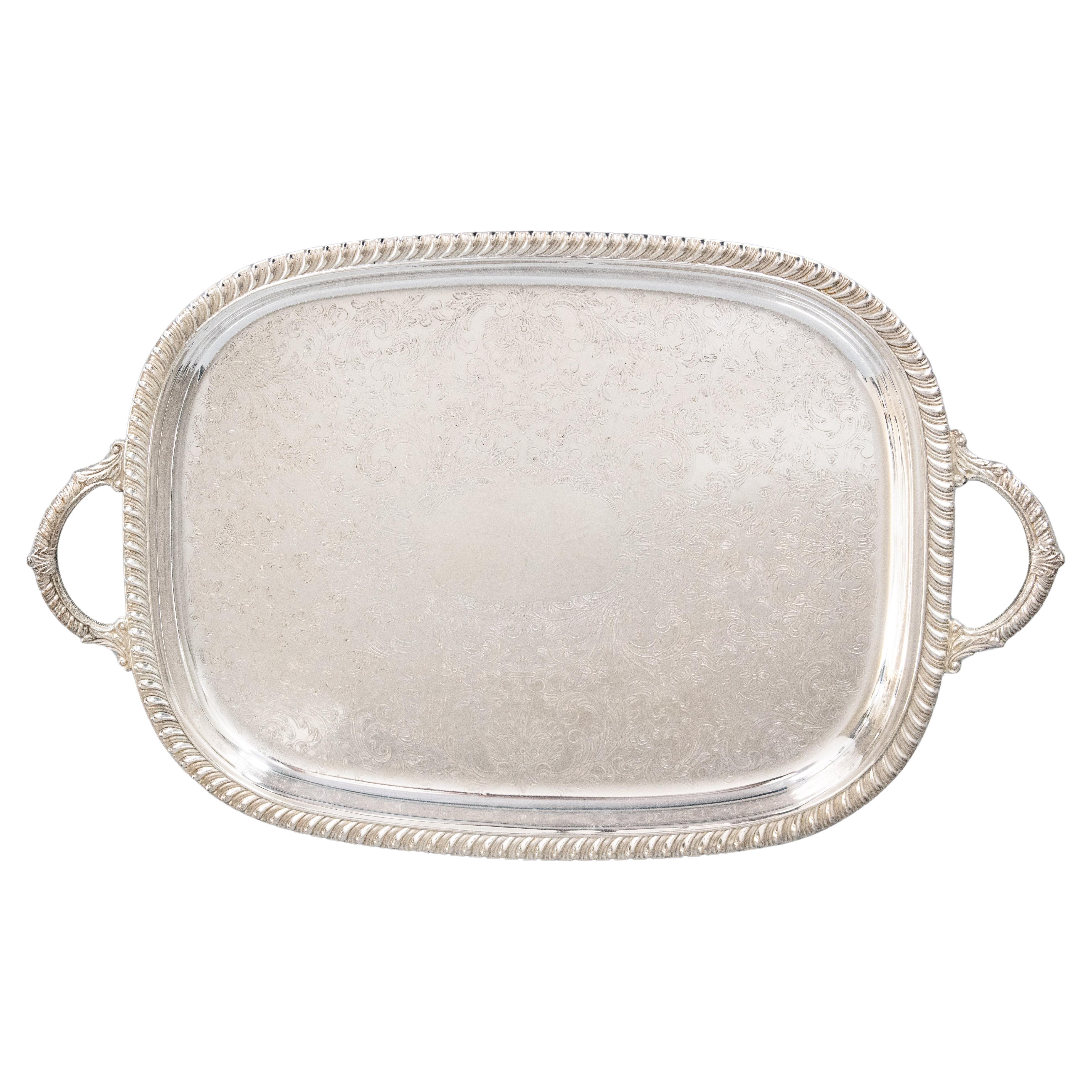 Large Vintage Silver Plate Footed Tray With Handles, circa 1950 For Sale