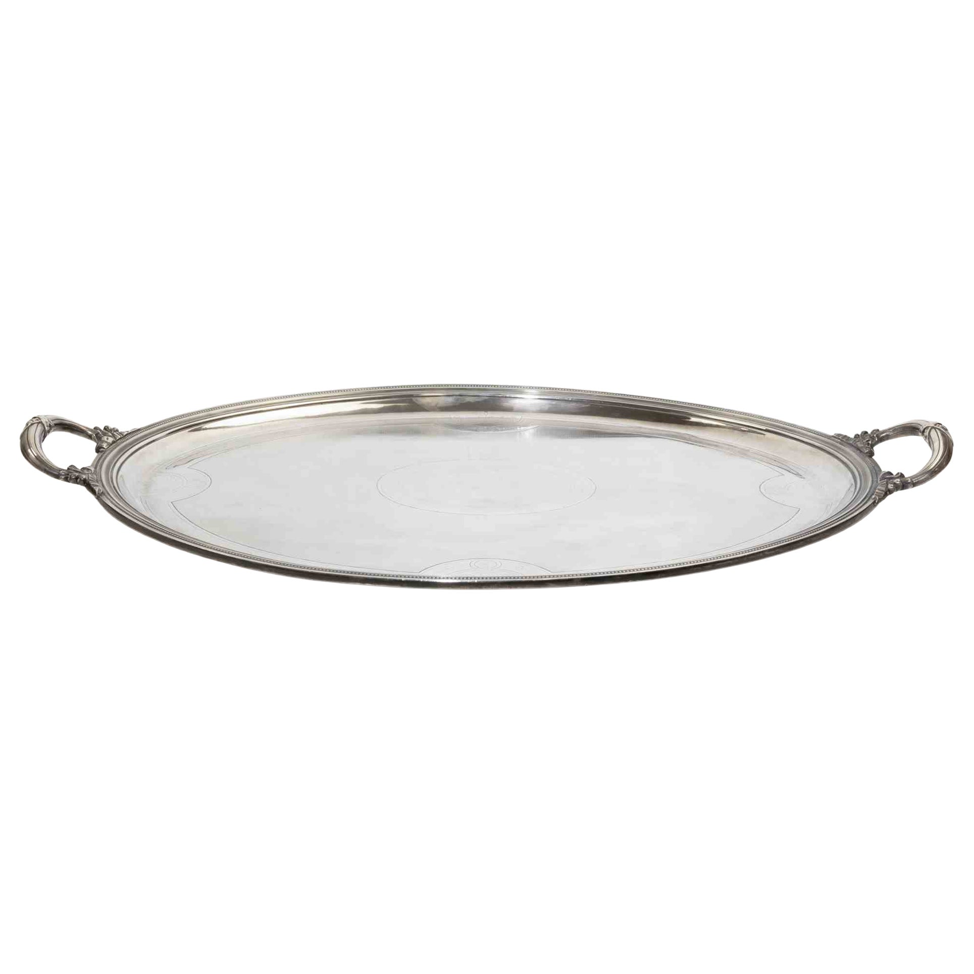 Large Vintage Silver-Plated Oval Serving Tray with Ornate Handles by Christofle