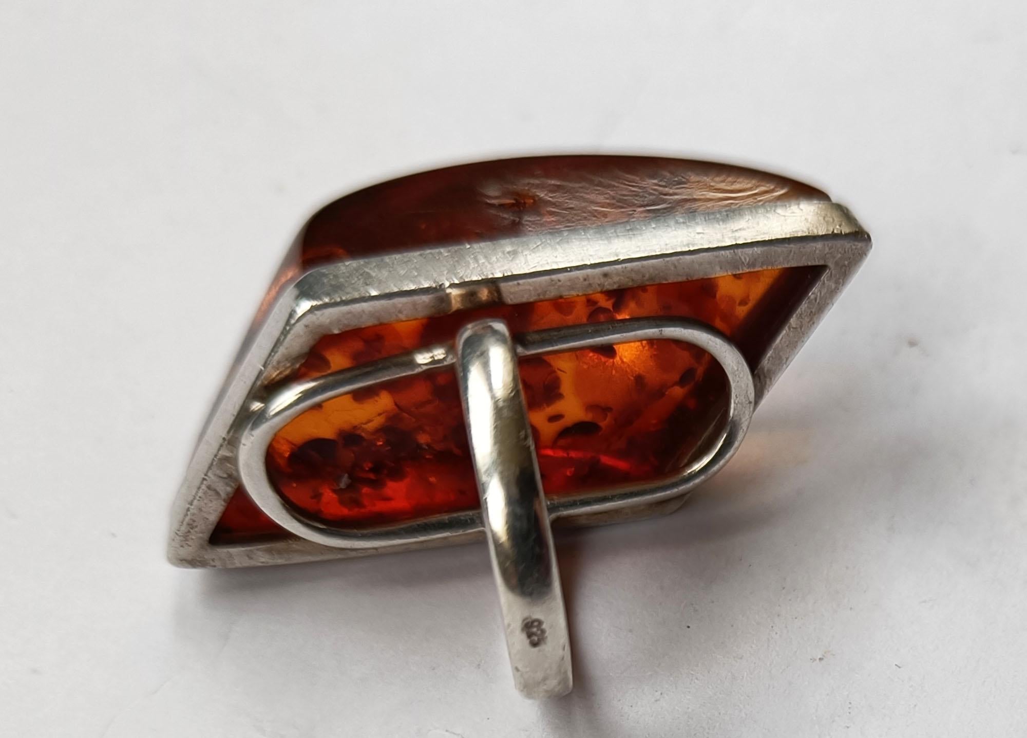 Hand-Crafted Large Vintage silver ring Baltic Amber Rhomboid Shape