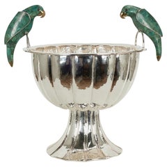 Großer Vintage-Weinkühler oder -Schale aus versilbertem Metall mit Vogelmotiv von Emilia Castillo