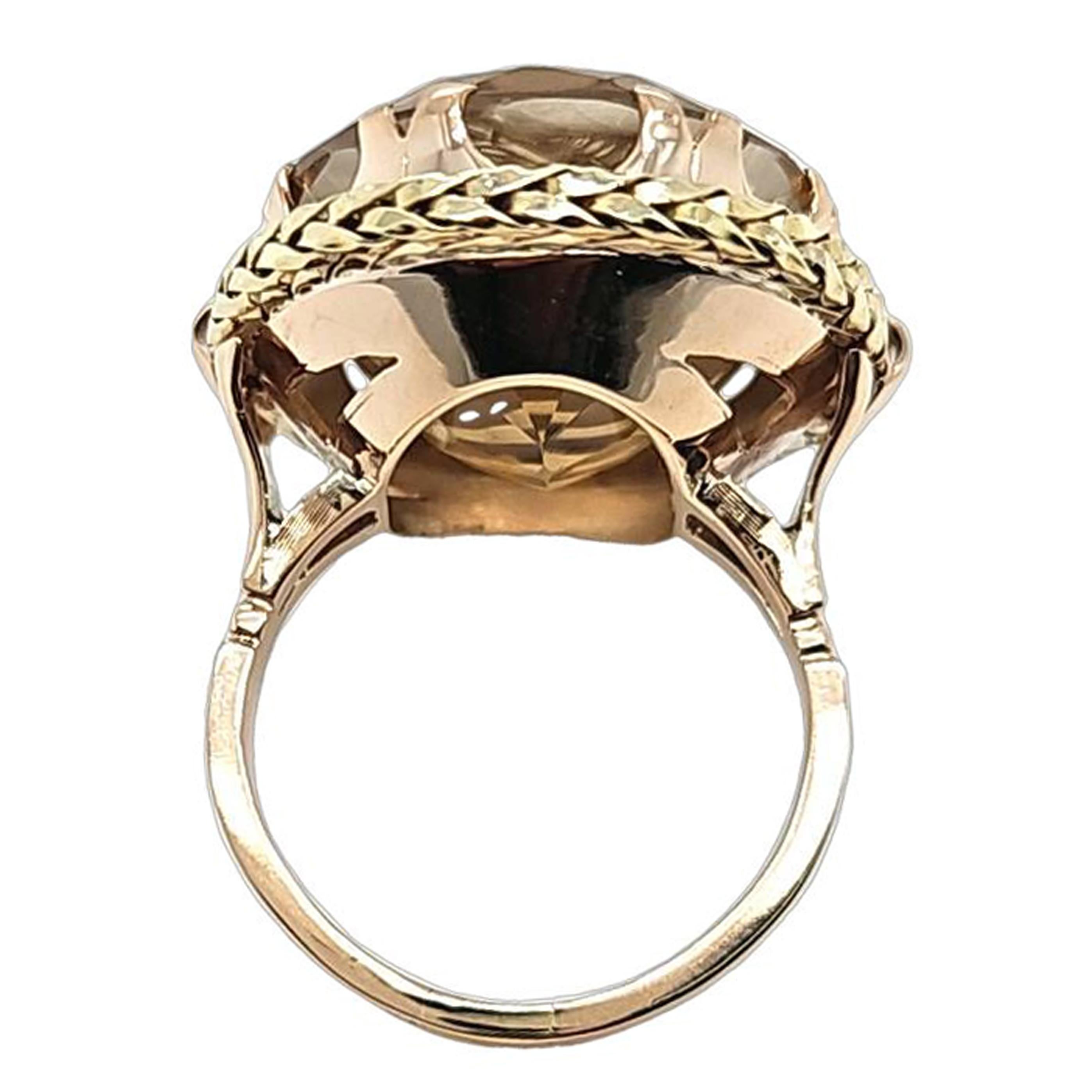 Women's or Men's Large Vintage Smokey Quartz Intaglio Cocktail Ring For Sale