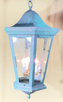Large Vintage Solid Brass Hexagonal Lantern – Verdigris Patina