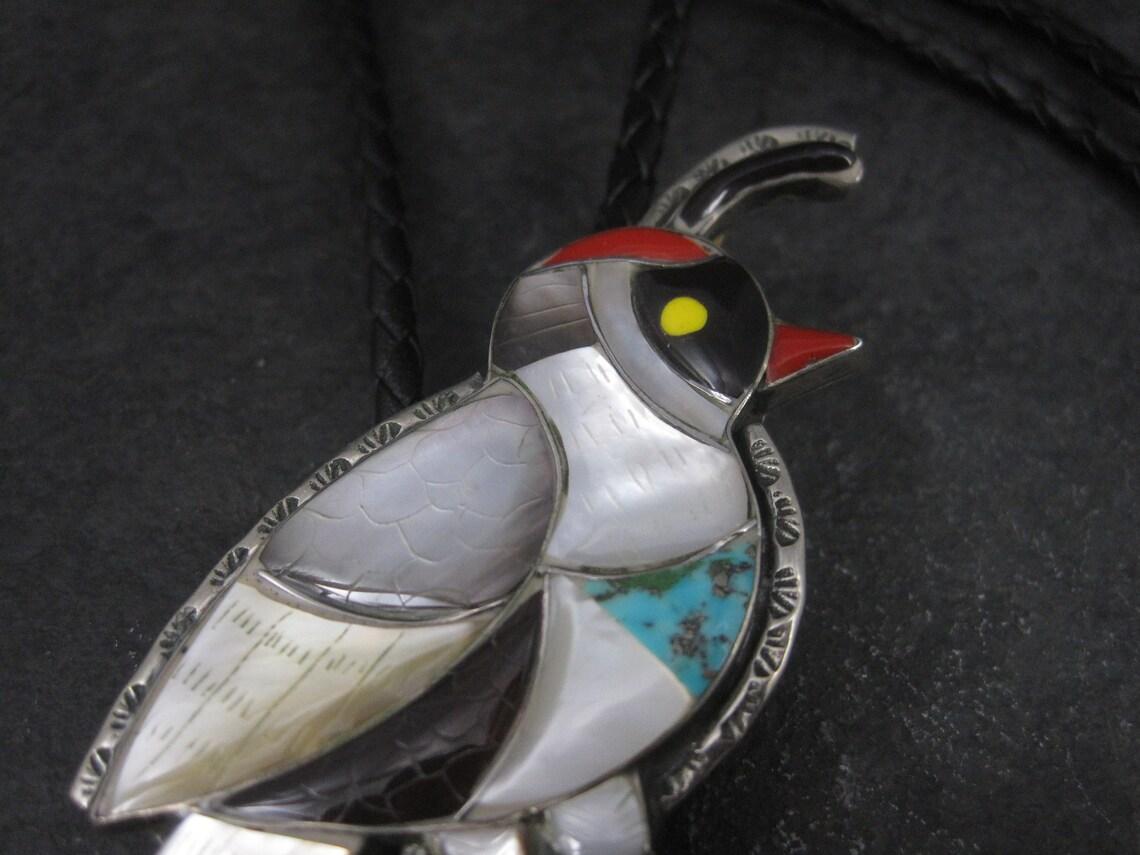 Large Vintage Southwestern Sterling Inlay Quail Bolo Tie For Sale 3