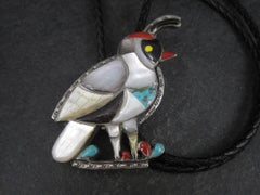 Large Vintage Southwestern Sterling Inlay Quail Bolo Tie