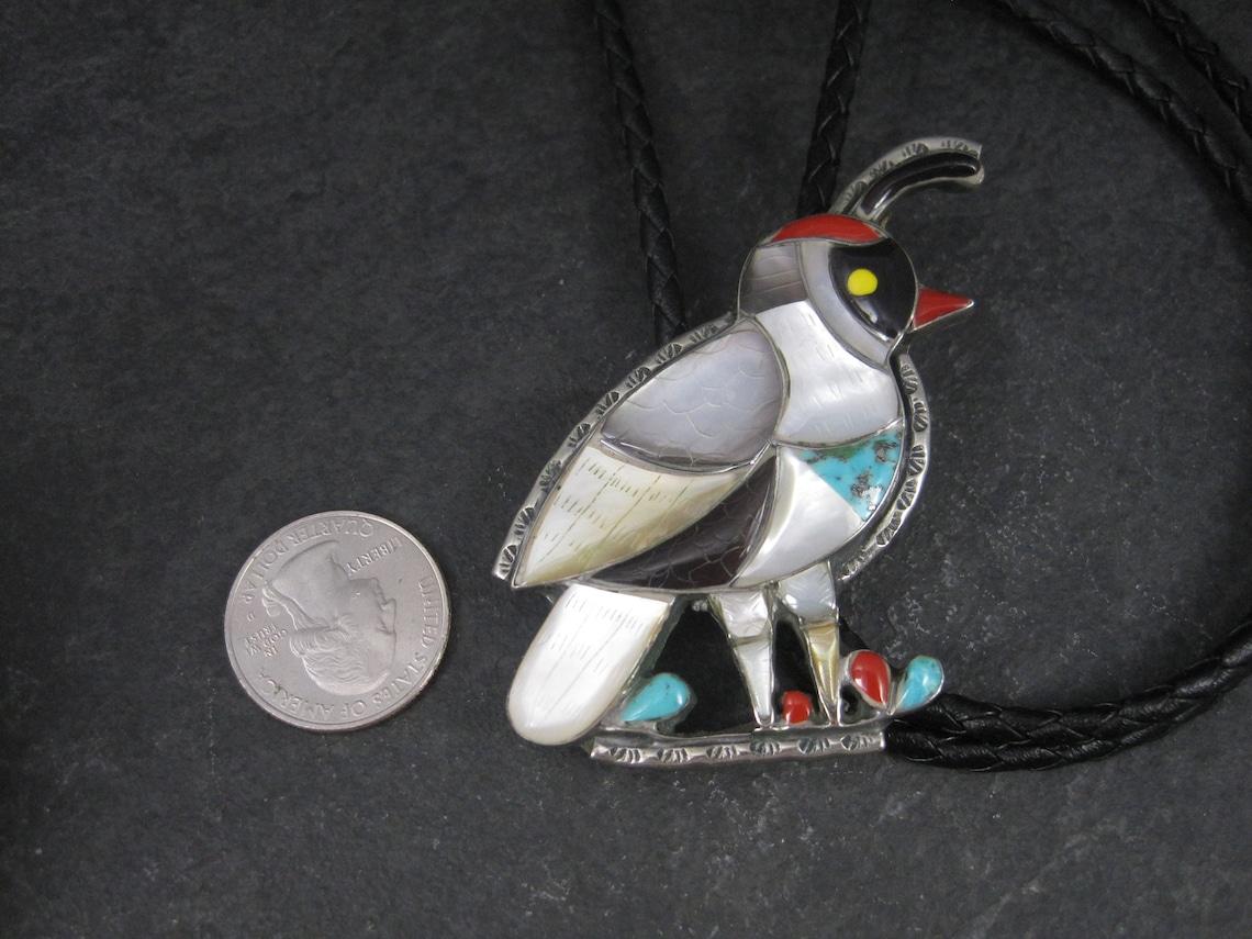 Nativo americano Grande cravatta bolo vintage Southwestern con intarsio in sterline e quaglie in vendita