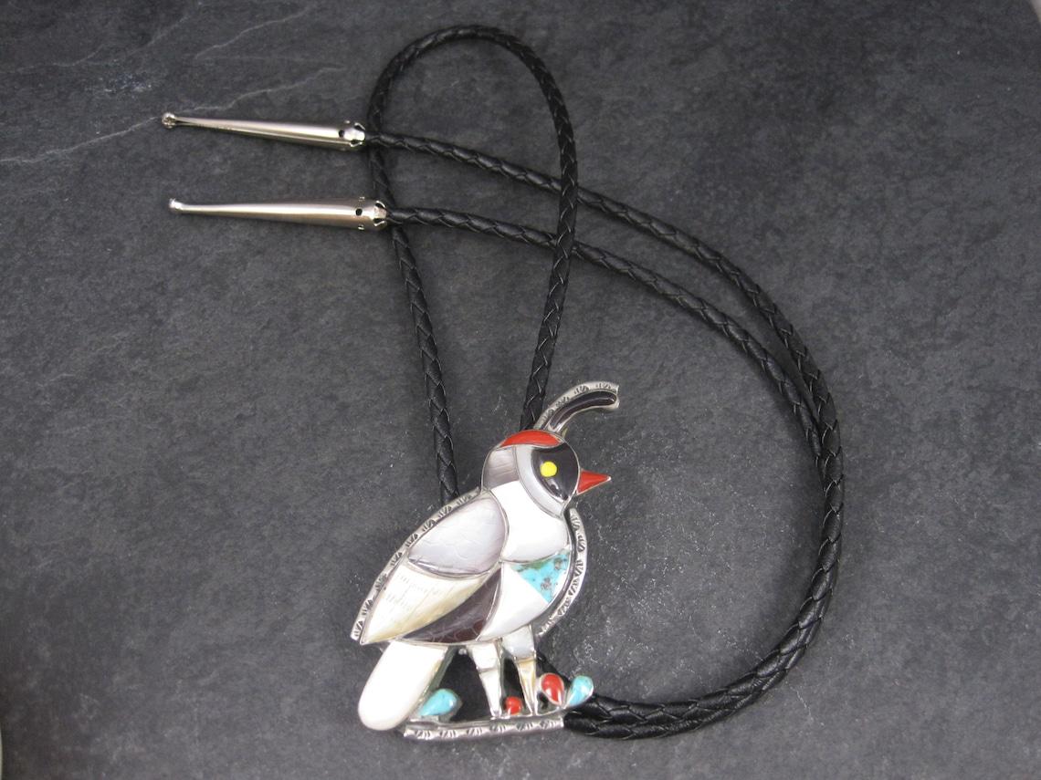 Native American Large Vintage Southwestern Sterling Inlay Quail Bolo Tie For Sale