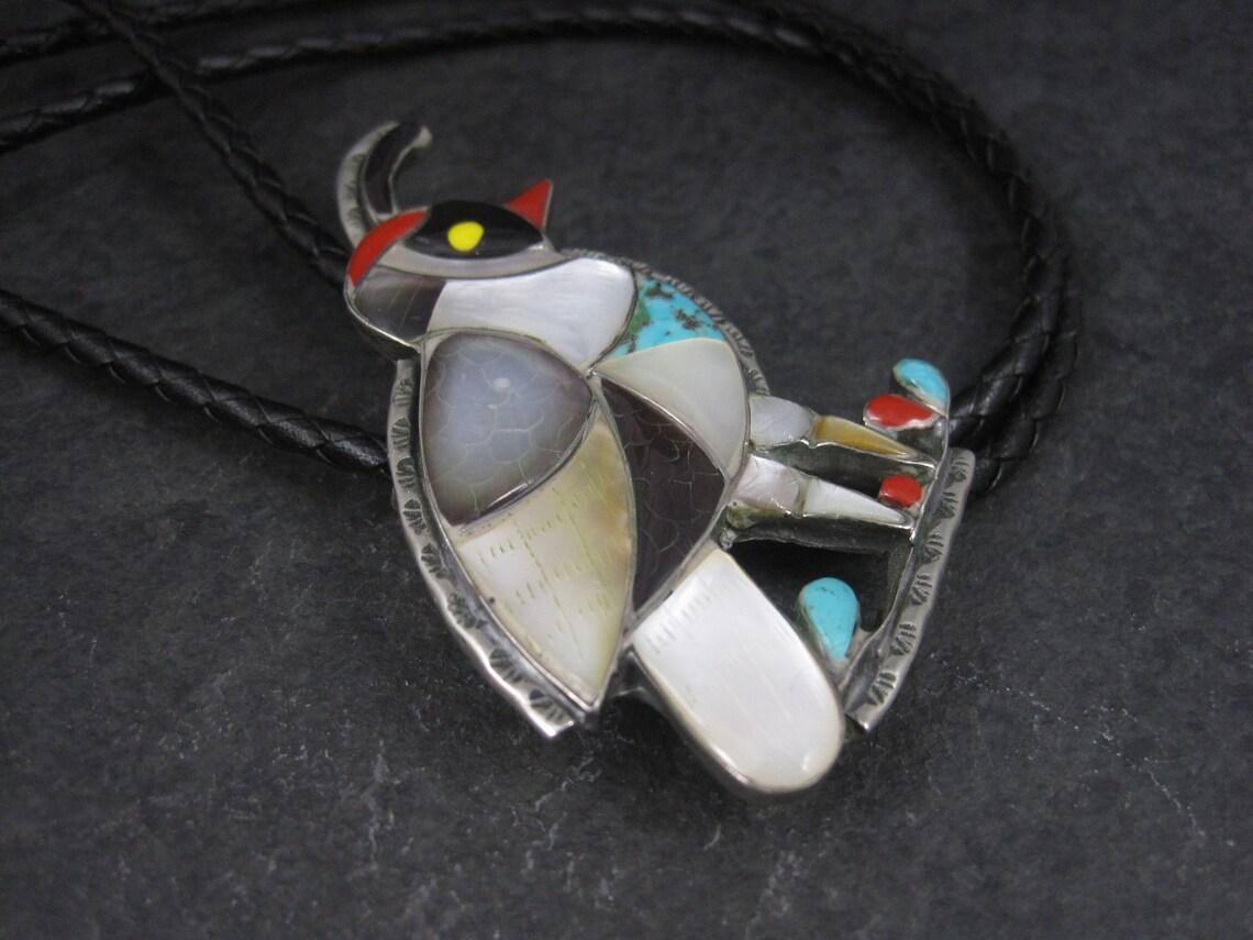 Large Vintage Southwestern Sterling Inlay Quail Bolo Tie In Excellent Condition For Sale In Webster, SD