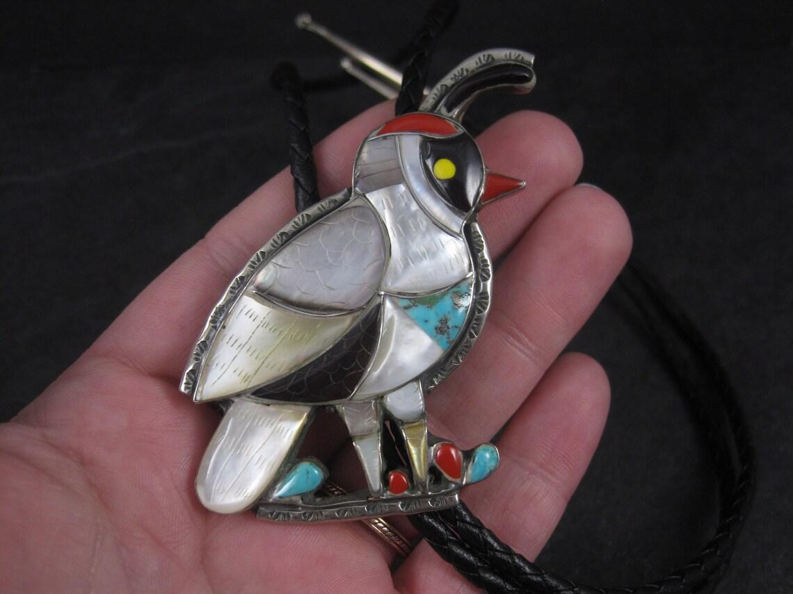 Women's or Men's Large Vintage Southwestern Sterling Inlay Quail Bolo Tie For Sale