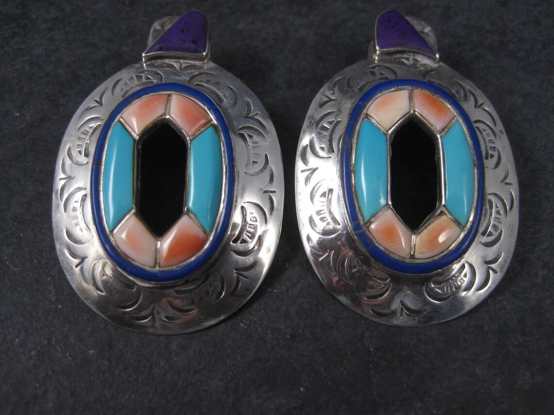 Large Vintage Southwestern Turquoise Spiny Oyster Inlay Earrings For Sale 4