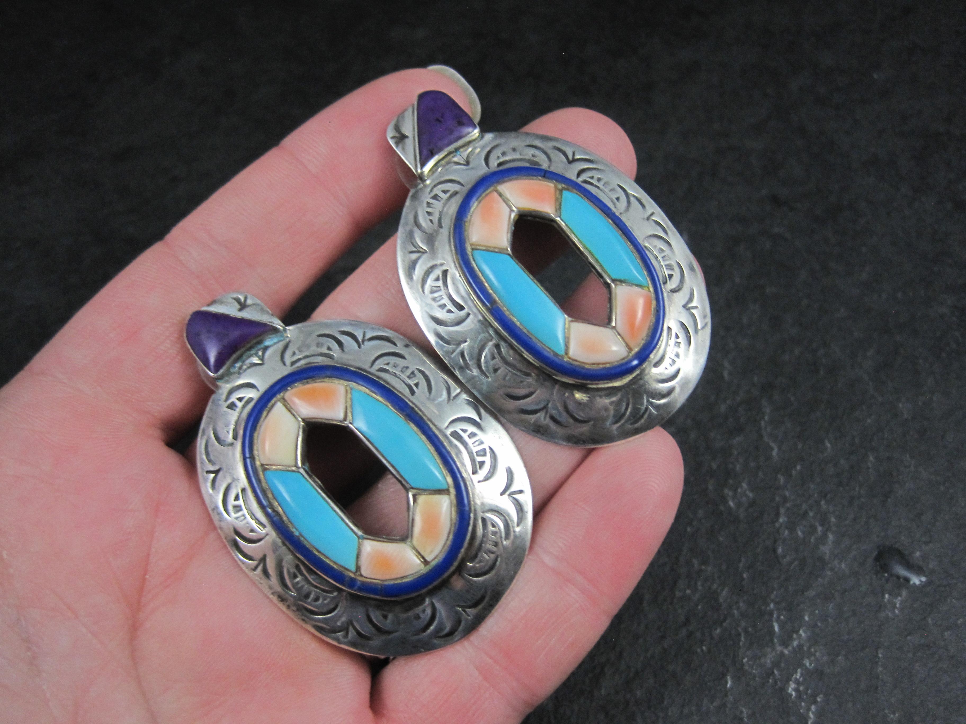 Pendientes vintage grandes de turquesa del suroeste con incrustaciones de ostra espinosa en venta 11
