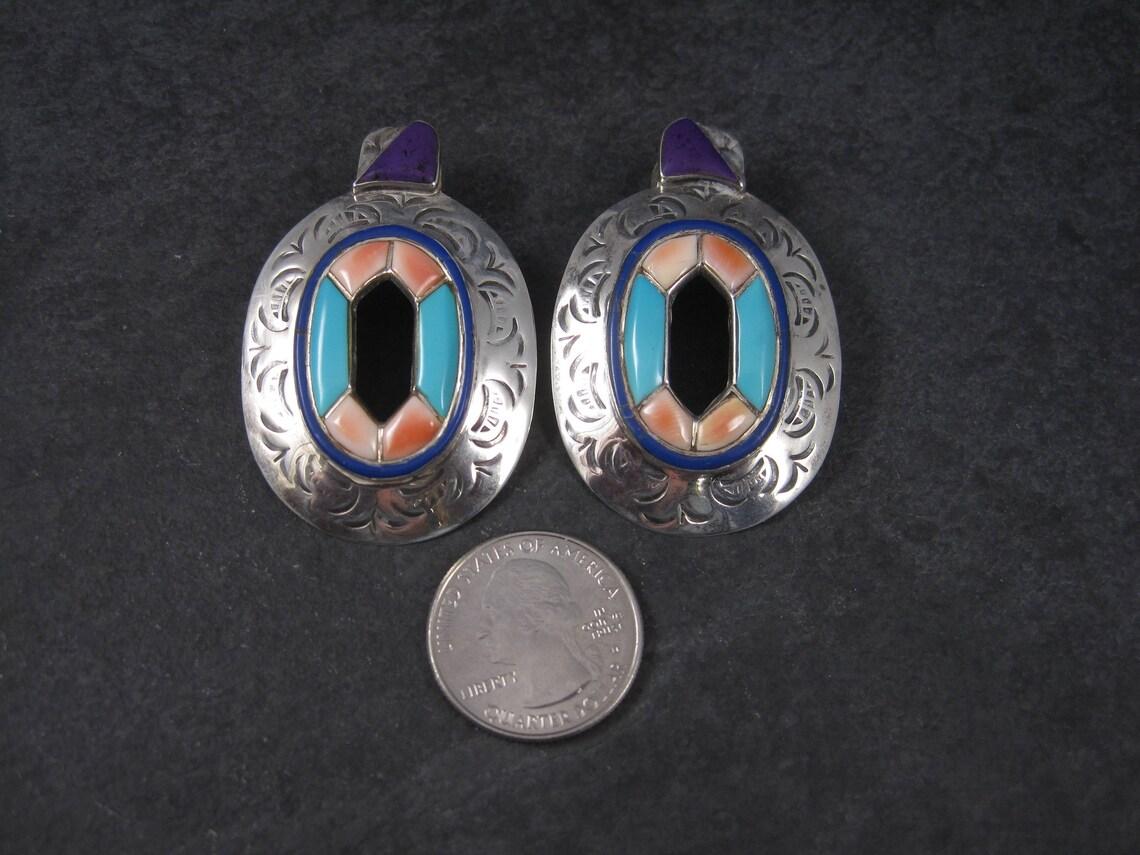 Native American Large Vintage Southwestern Turquoise Spiny Oyster Inlay Earrings For Sale
