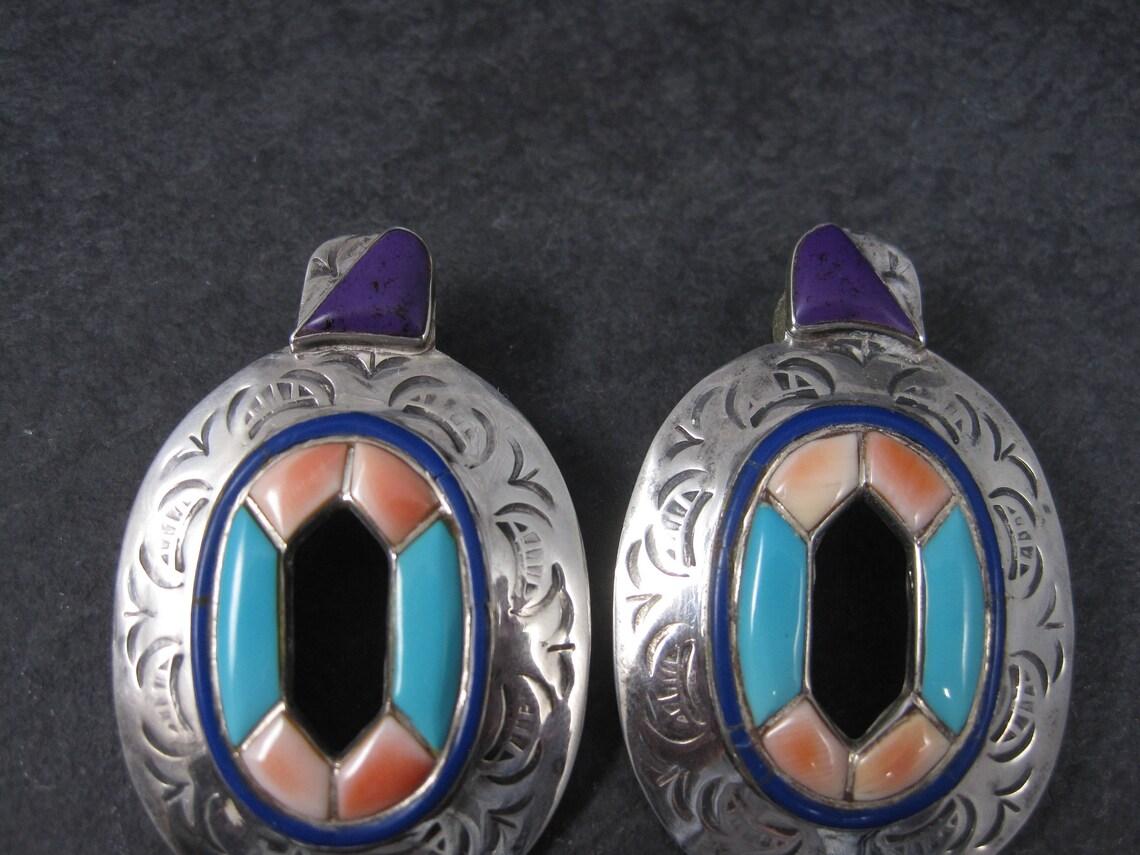 Mixed Cut Large Vintage Southwestern Turquoise Spiny Oyster Inlay Earrings For Sale