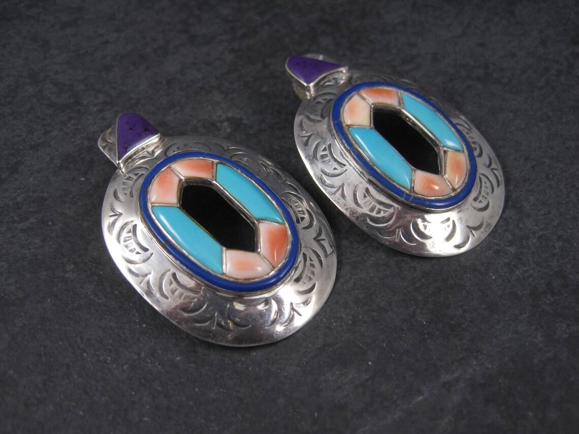 Large Vintage Southwestern Turquoise Spiny Oyster Inlay Earrings In Good Condition For Sale In Webster, SD