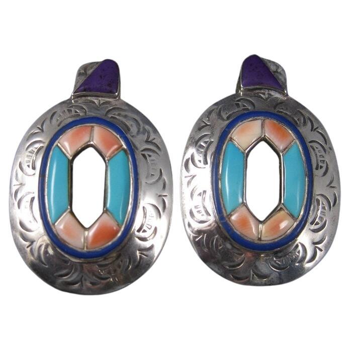Large Vintage Southwestern Turquoise Spiny Oyster Inlay Earrings For Sale