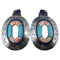 Grandes boucles d'oreilles vintage du sud-ouest avec incrustation d'huître en spinelle turquoise