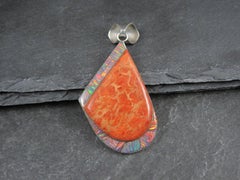 Large Vintage Sponge Coral and Fire Opal Inlay Pendant Zuni Reynetsa Leland