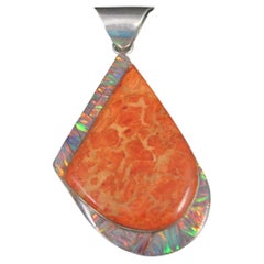 Large Vintage Sponge Coral and Fire Opal Inlay Pendant Zuni Reynetsa Leland