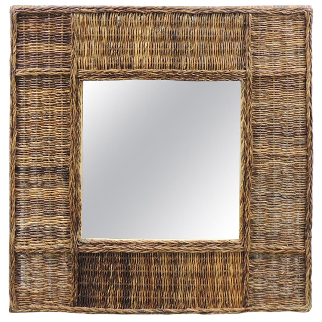 Grand miroir mural carré vintage tissé Abaca