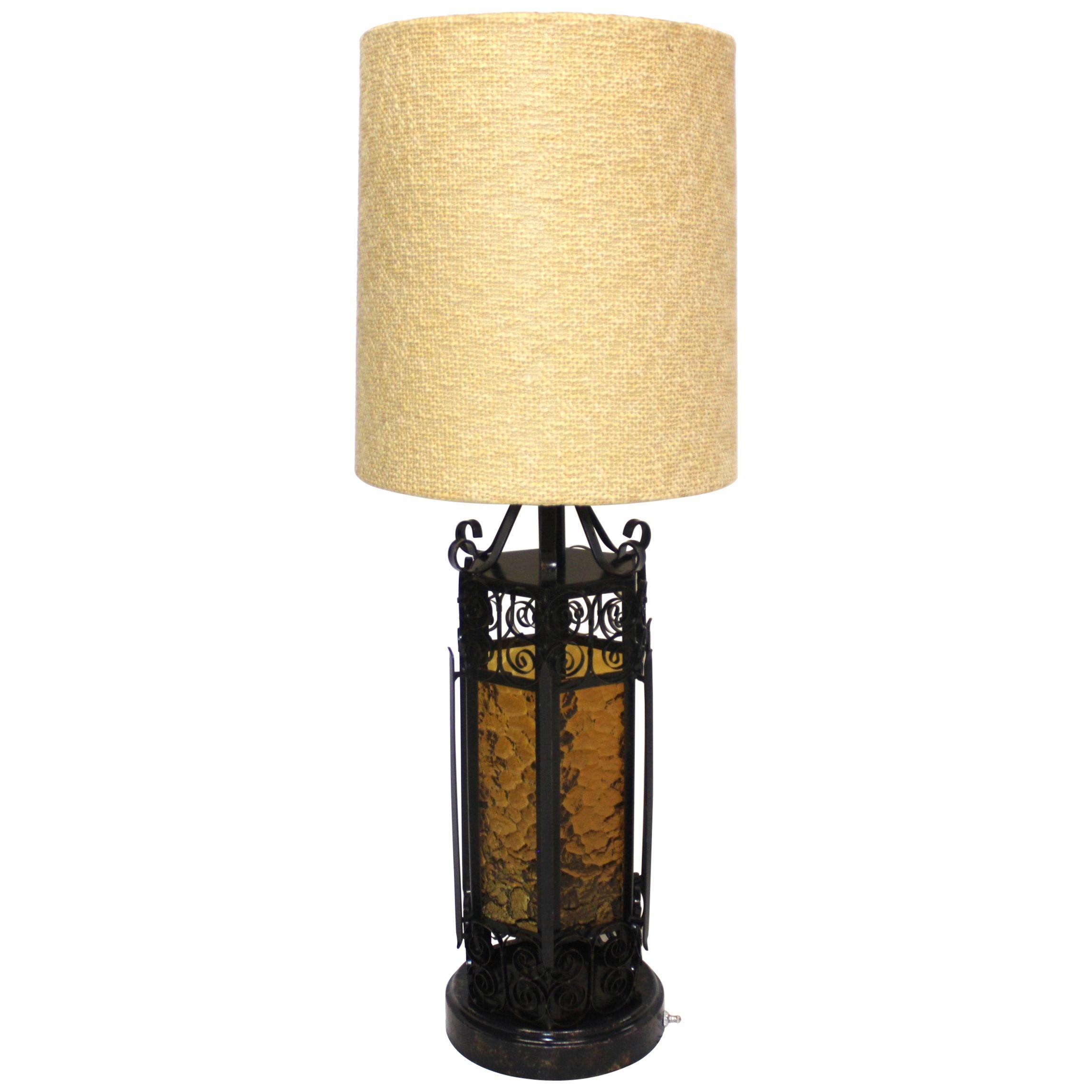 Large Vintage Stained Glass and Iron Spanish Gothic Revival Style Table Lamp