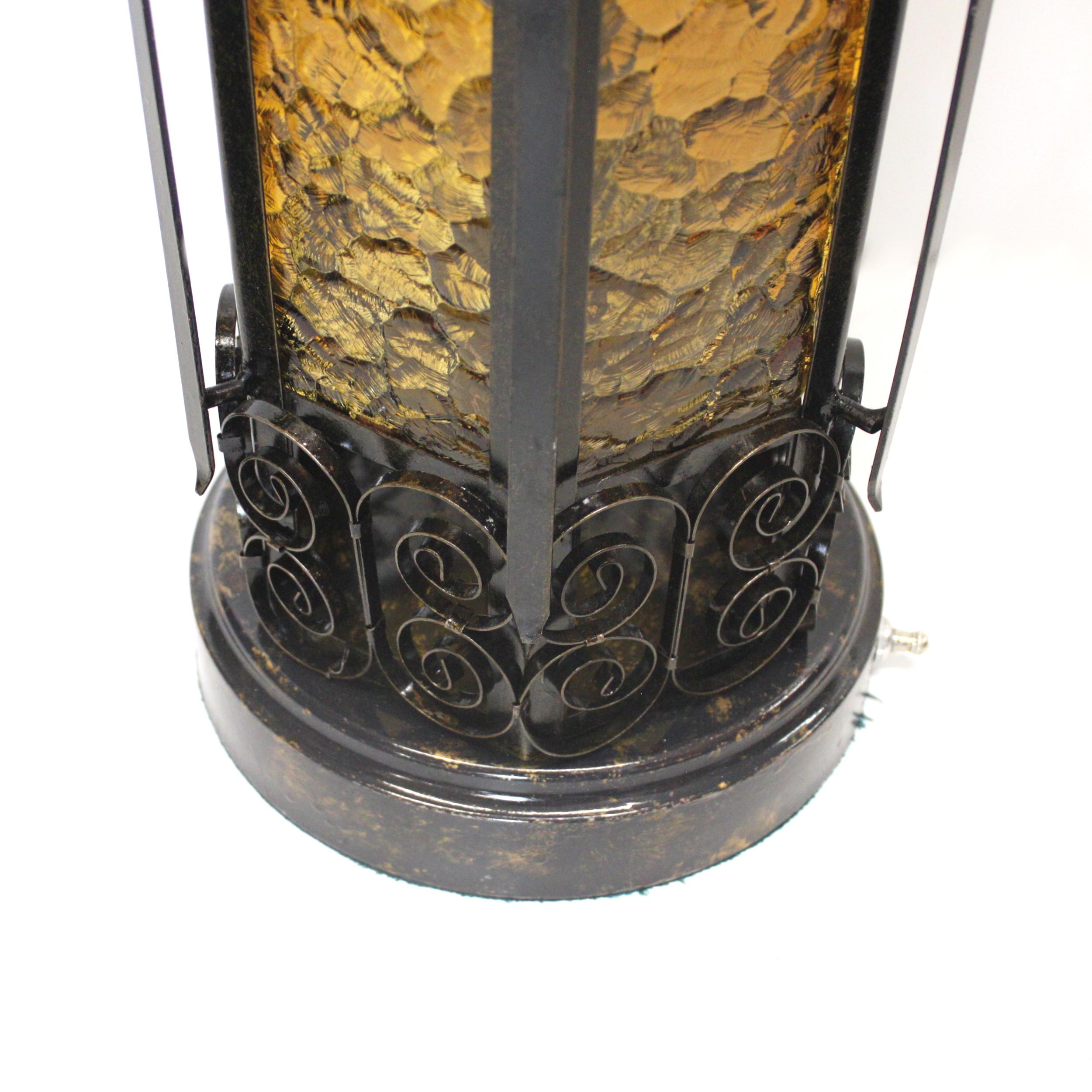 Large Vintage Stained Glass and Iron Spanish Gothic Revival Style Table Lamp In Excellent Condition In Lafayette, IN