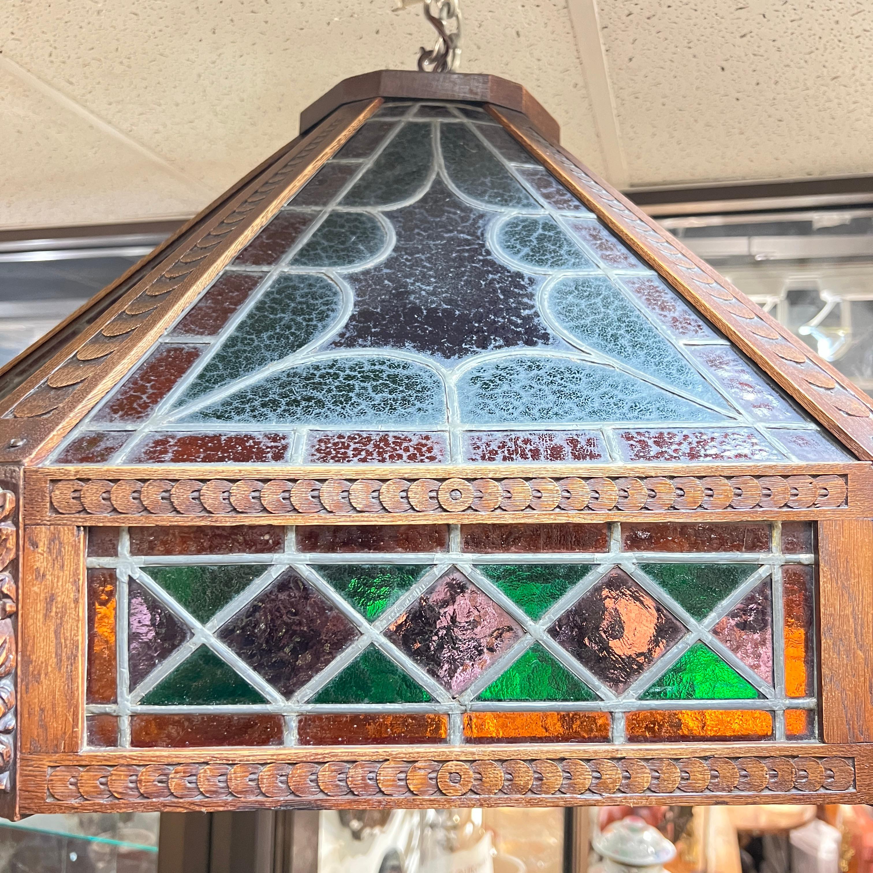 French Large Vintage Stained Glass Lantern / Chandelier For Sale