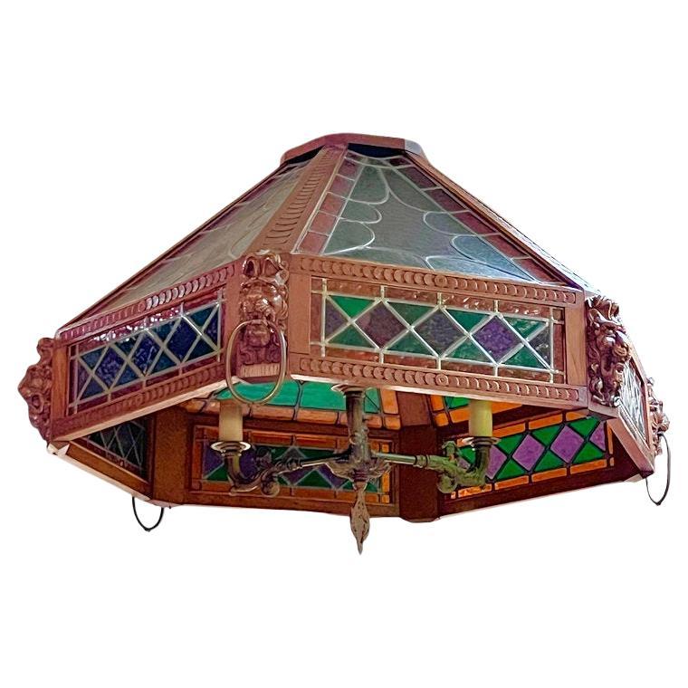 Large Vintage Stained Glass Lantern / Chandelier For Sale
