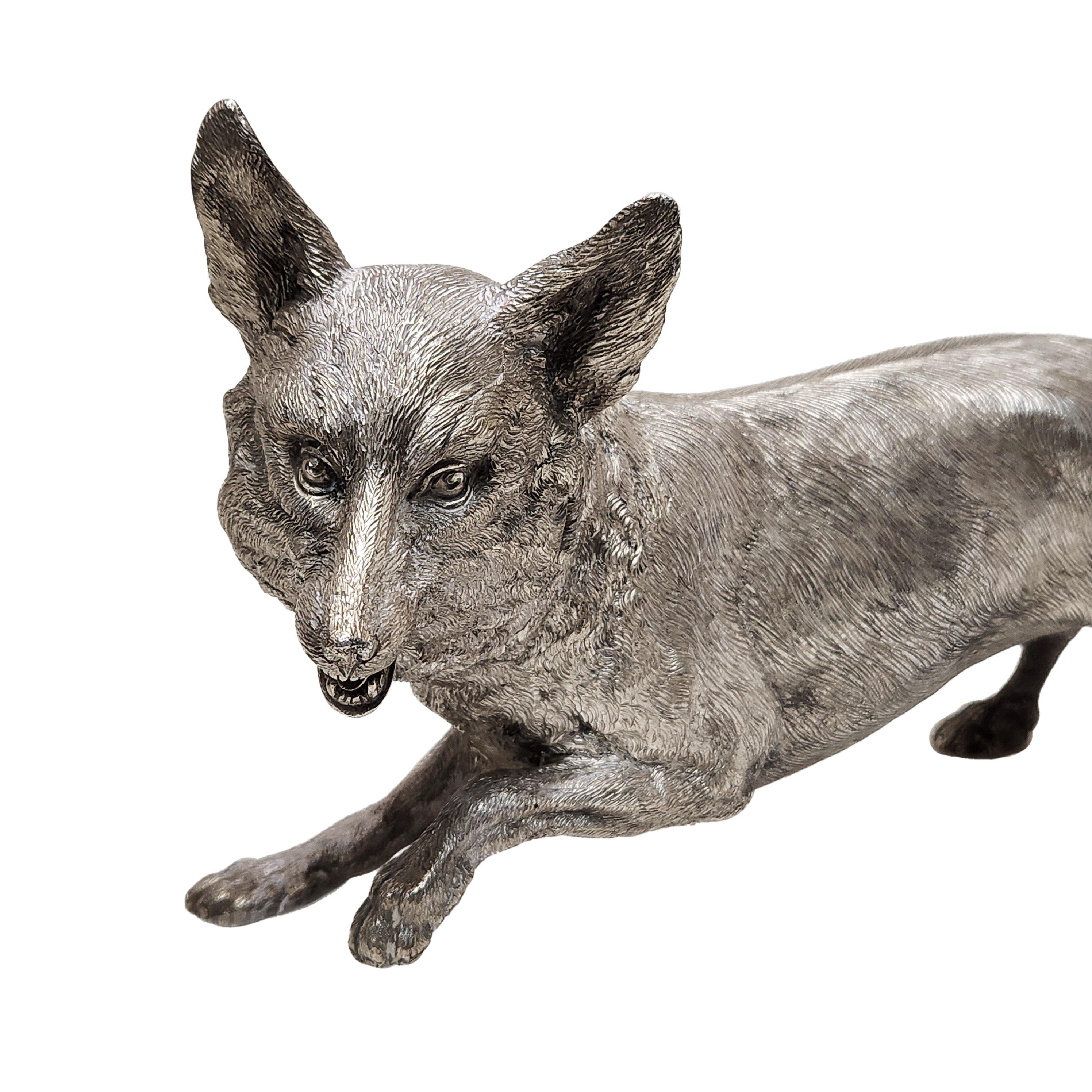 Un'impressionante volpe vintage in argento massiccio con un'affascinante attenzione ai dettagli. Questo Model Fox ha dimensioni notevoli e un buon peso. 

Prodotto a Londra nel 1974 da Carrington & Co.
Peso - 1976g
Lunghezza - 49,3 cm

Questa volpe