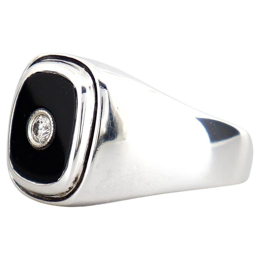 Große Vintage Sterling Silber, Onyx Cabochon, & Diamant Herren Siegel Stil Ring im Angebot