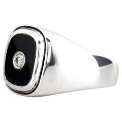 Large Vintage Sterling Silver, Onyx Cabochon, & Diamond Men's Signet Style Ring