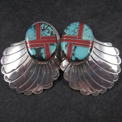 Large Vintage Sterling Southwestern Turquoise Coral Inlay Earrings