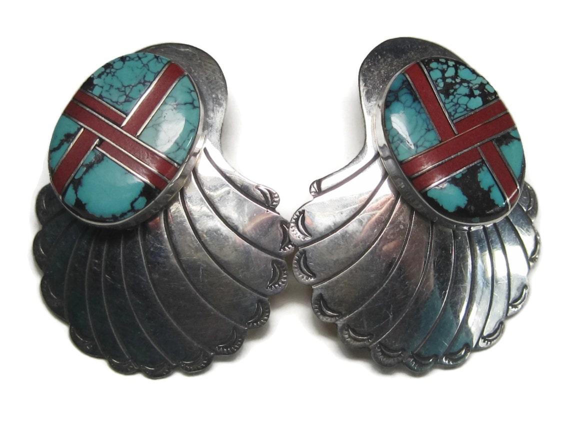 Große Vintage-Ohrringe aus Sterling mit türkisfarbener Korallen-Intarsien aus dem Südwesten der USA (Indigene Kunst (Nord-/Südamerika)) im Angebot