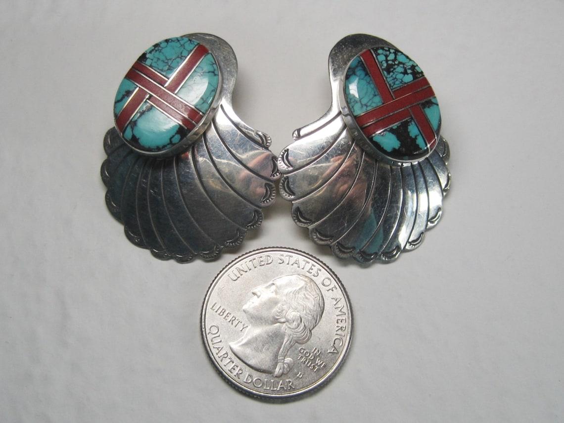 Große Vintage-Ohrringe aus Sterling mit türkisfarbener Korallen-Intarsien aus dem Südwesten der USA im Zustand „Hervorragend“ im Angebot in Webster, SD