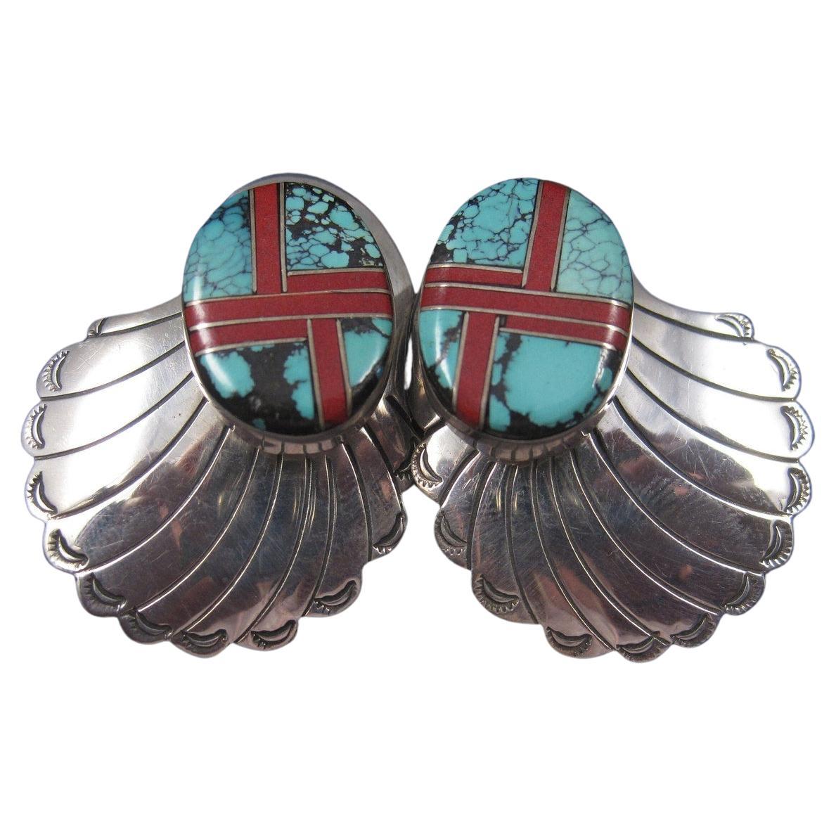 Grandes boucles d'oreilles vintage en sterling incrustées de turquoise et de corail du Sud-Ouest