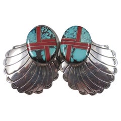 Large Retro Sterling Southwestern Turquoise Coral Inlay Earrings