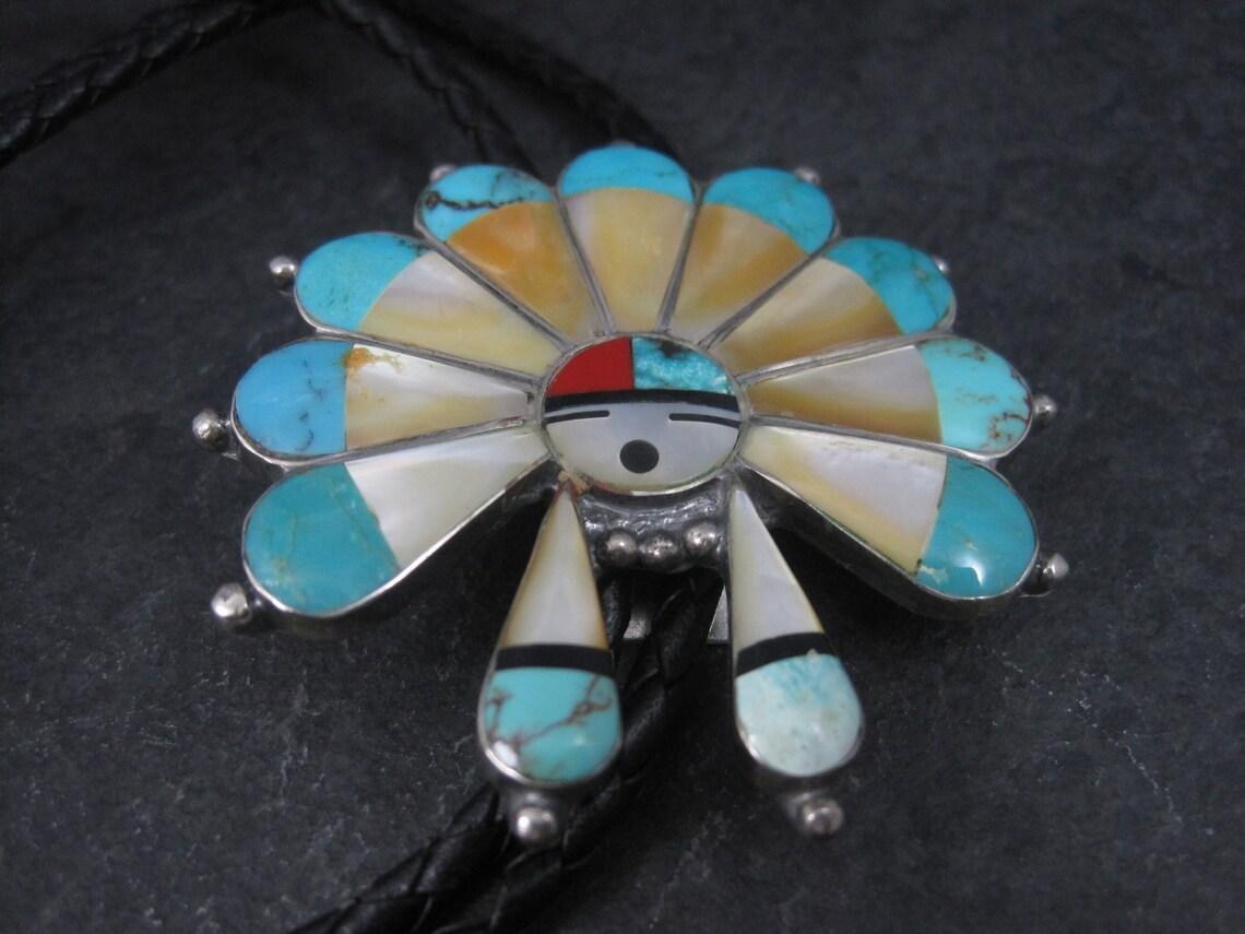 Large Vintage Sterling Turquoise Inlaid Sun Face Bolo Tie For Sale 1