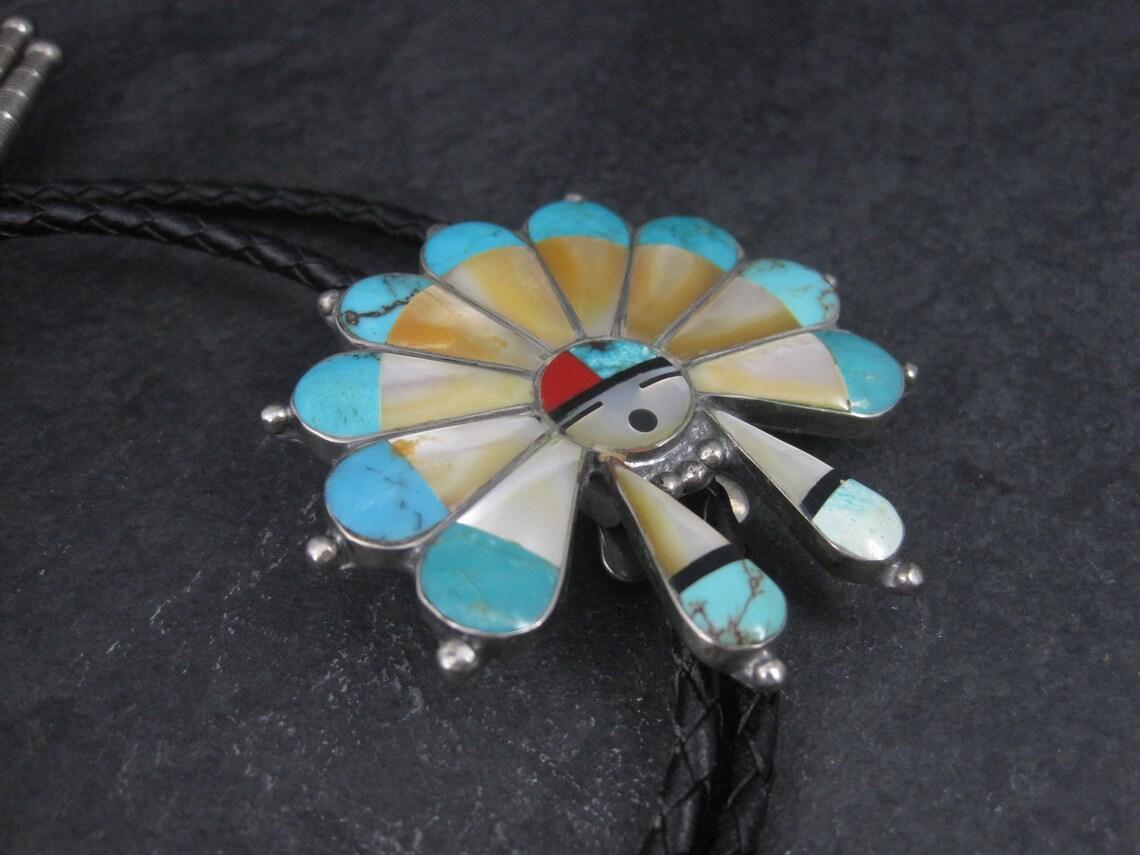 Large Vintage Sterling Turquoise Inlaid Sun Face Bolo Tie For Sale 2