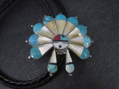 Large Vintage Sterling Turquoise Inlaid Sun Face Bolo Tie